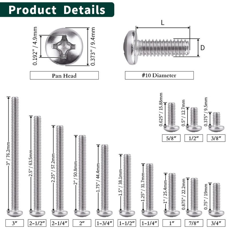 EASTLO #10-32 x 1/2" Pan Head Machine Screw, Phillips Drive, 304 Stainless Steel 18-8, Bright Finish, Fully Machine Thread, 50 Pcs - Image 4
